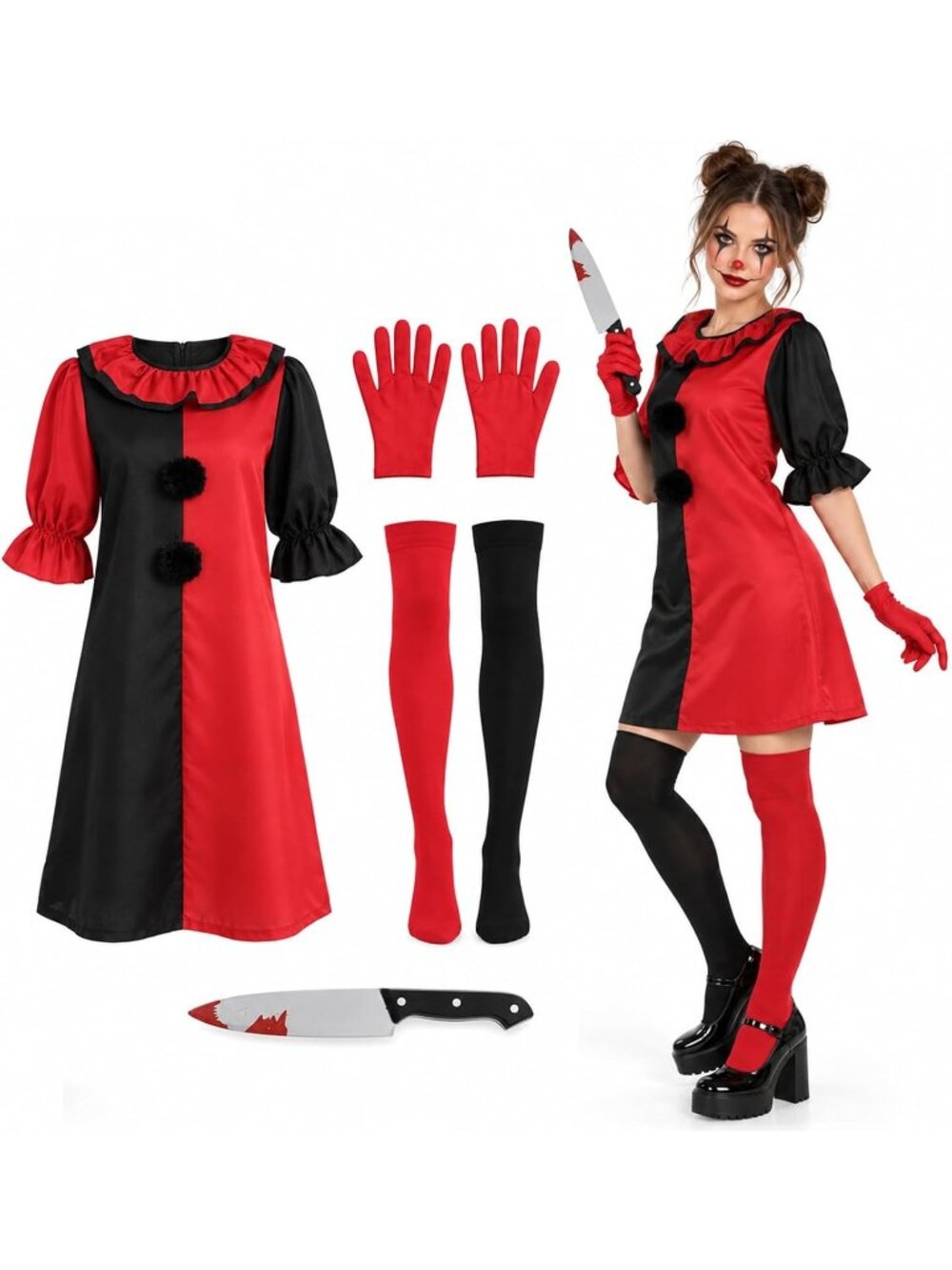 Women's Red Black Scary Clown Costume Halloween Outfit Set with Accessories